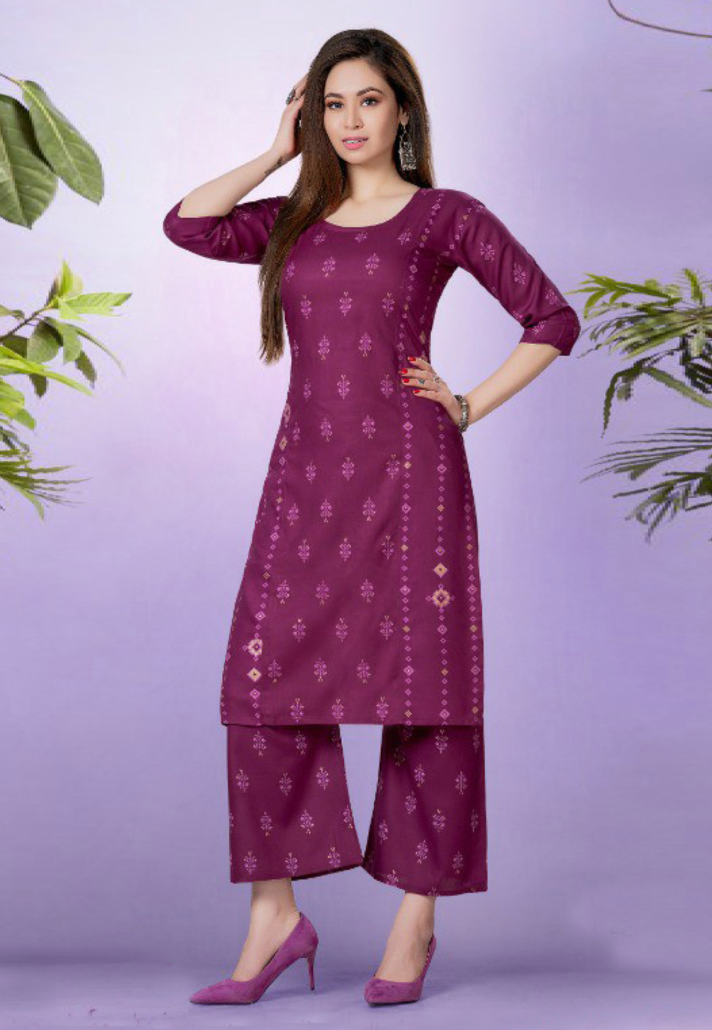 Purple Rayon Kurta Set With Palazzo 258892