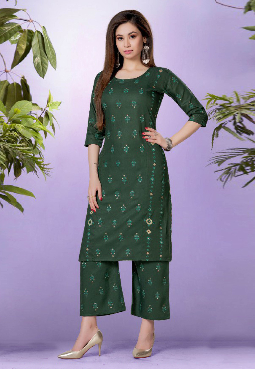 Green Rayon Kurta Set With Palazzo 258893