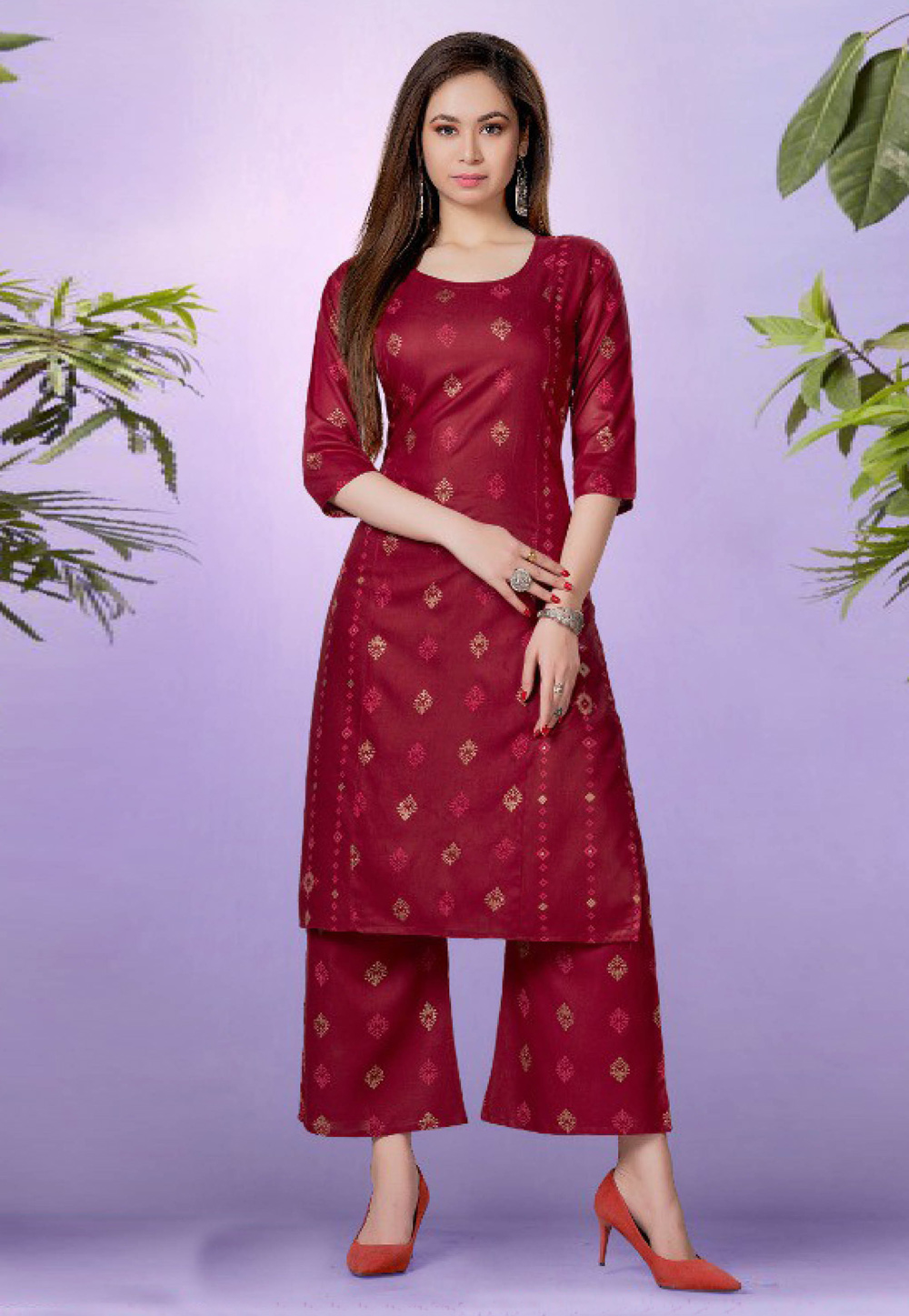Maroon Rayon Kurta Set With Palazzo 258894