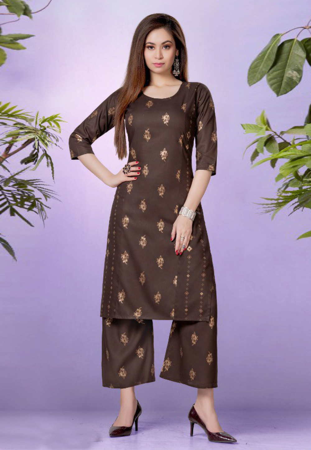 Brown Rayon Kurta Set With Palazzo 258896