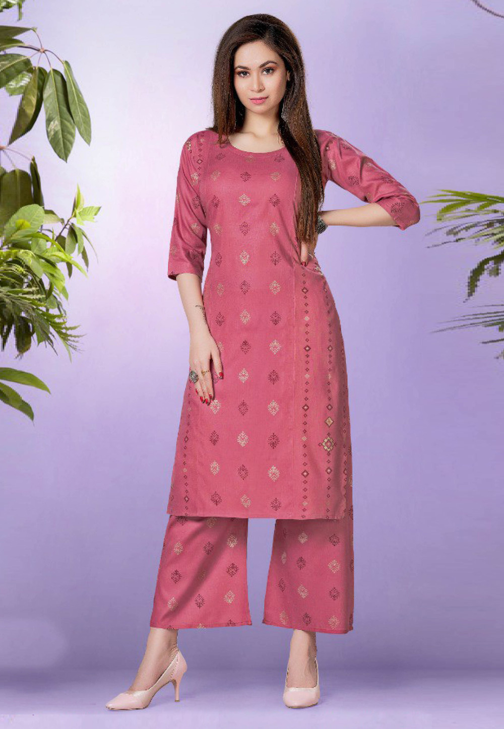 Pink Rayon Kurta Set With Palazzo 258897