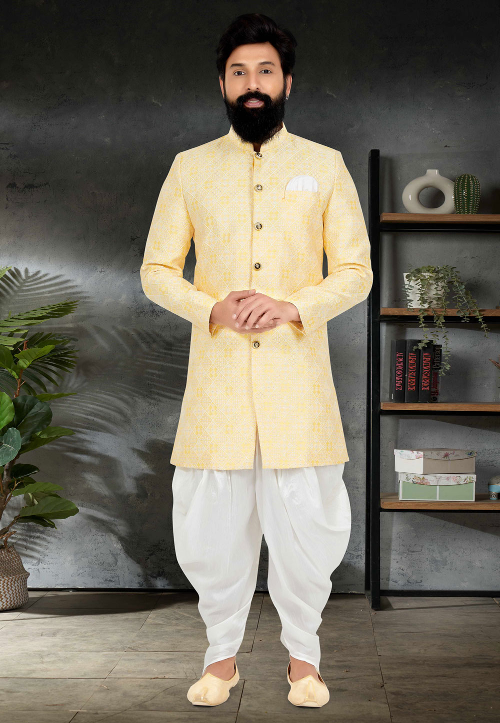 Yellow Jacquard Indo Western Suit 271597