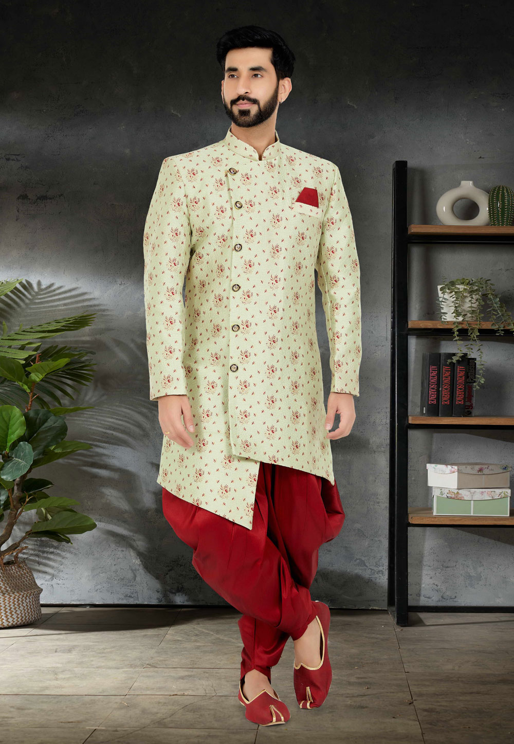 Pista Green Jacquard Silk Indo Western Suit 271598