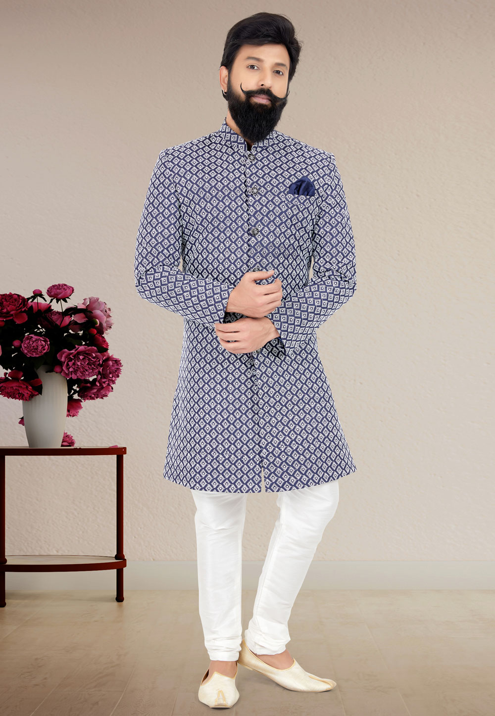 Navy Blue Cotton Silk Indo Western Suit 271601