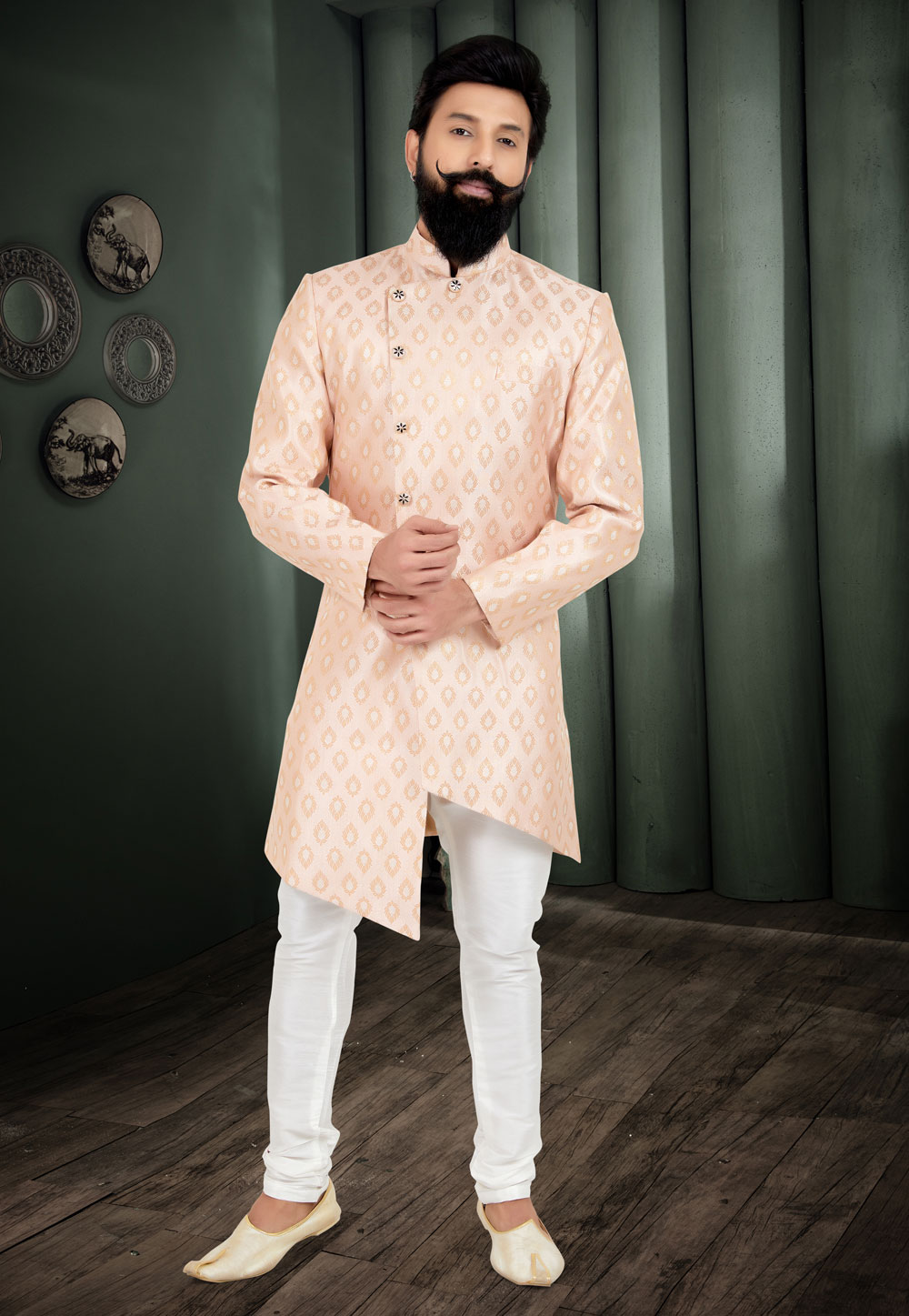 Peach Jacquard Silk Indo Western Suit 271602