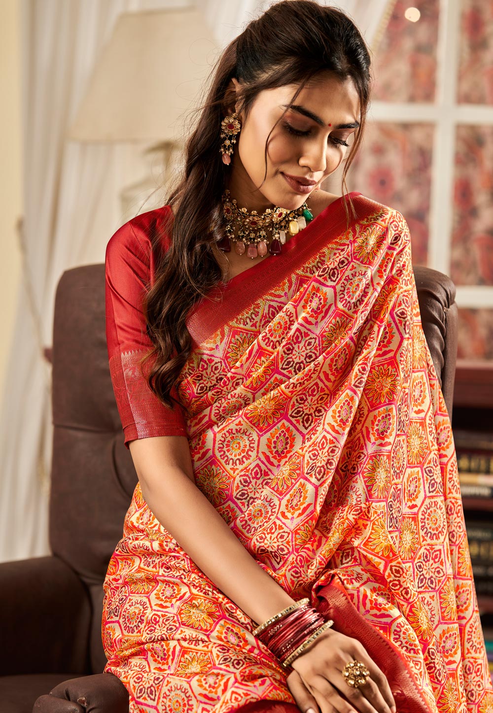 Buy Sarojni Printed Bollywood Satin Red, White Sarees Online @ Best Price  In India | Flipkart.com