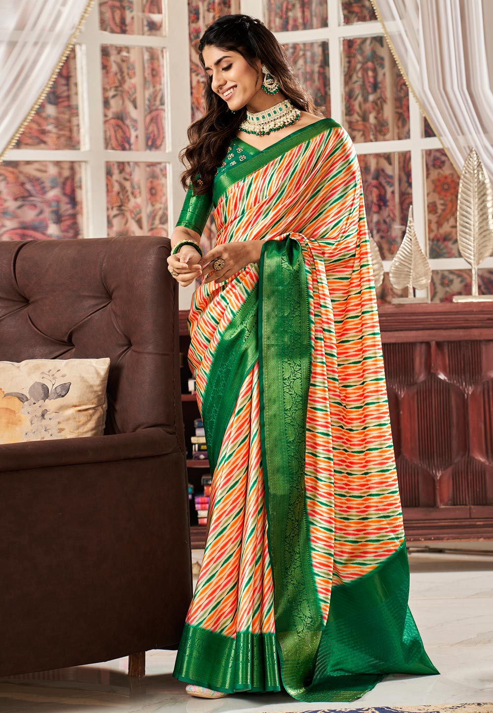 Green Satin Saree With Blouse 273952