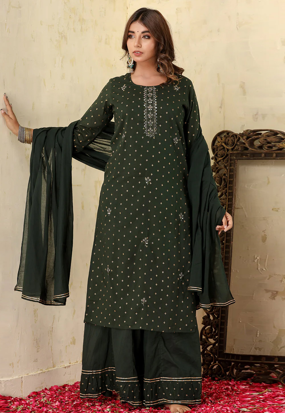 Green Cotton Readymade Palazzo Suit 259897