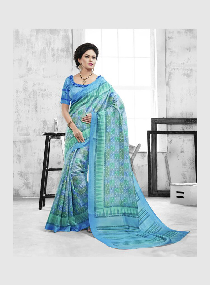 Blue Art Silk Printed Saree With Blouse 75495