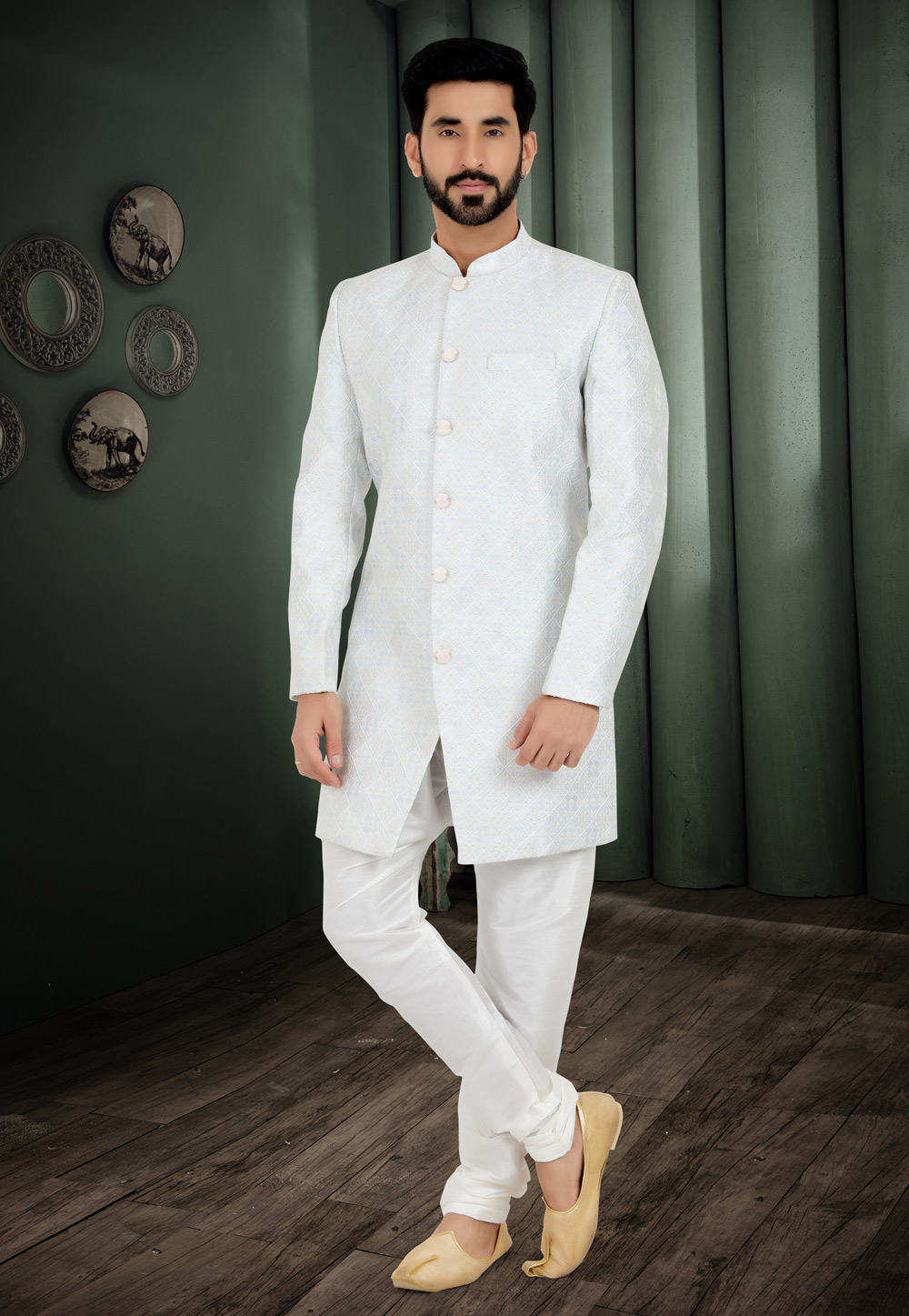 Off White Jacquard Indo Western Suit 271603
