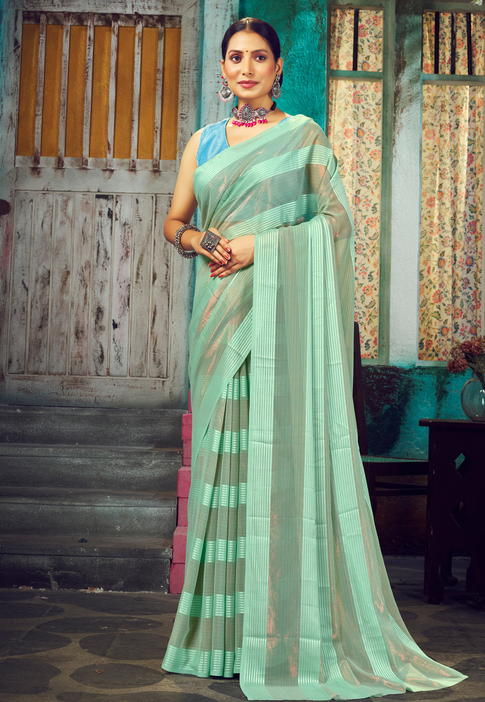 Sea Green Georgette Saree With Blouse 267190