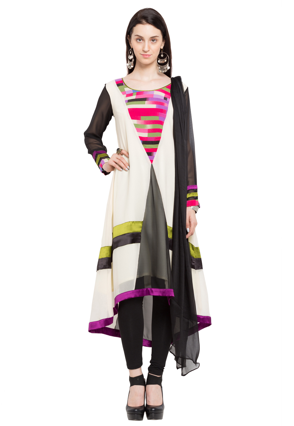 Off White Faux Georgette Readymade Churidar Suit 230354