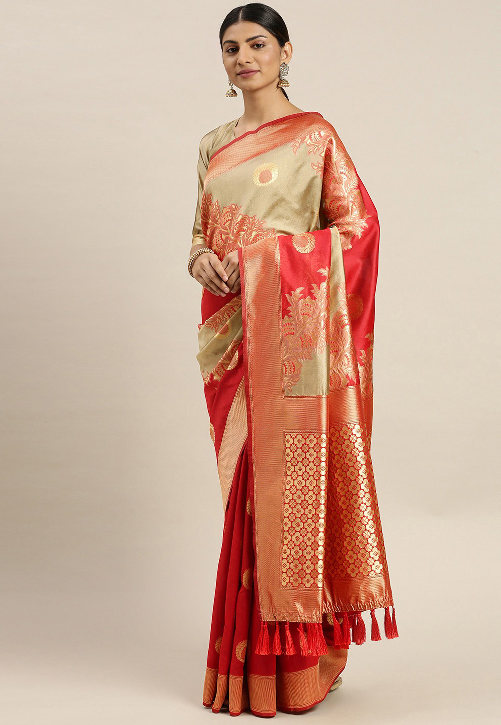 Red Poly Silk Saree With Blouse 224344