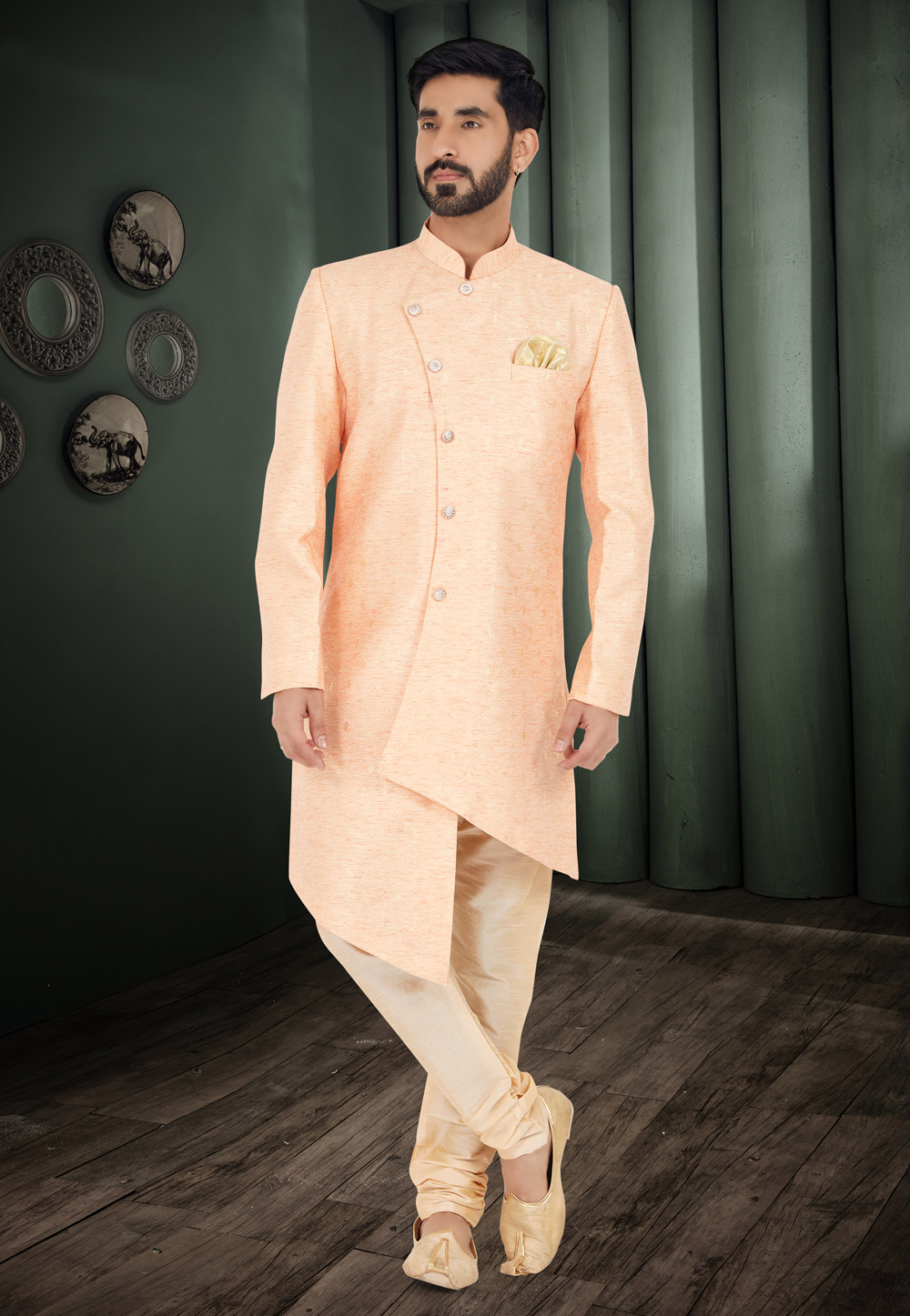 Peach Cotton Silk Indo Western Suit 271605