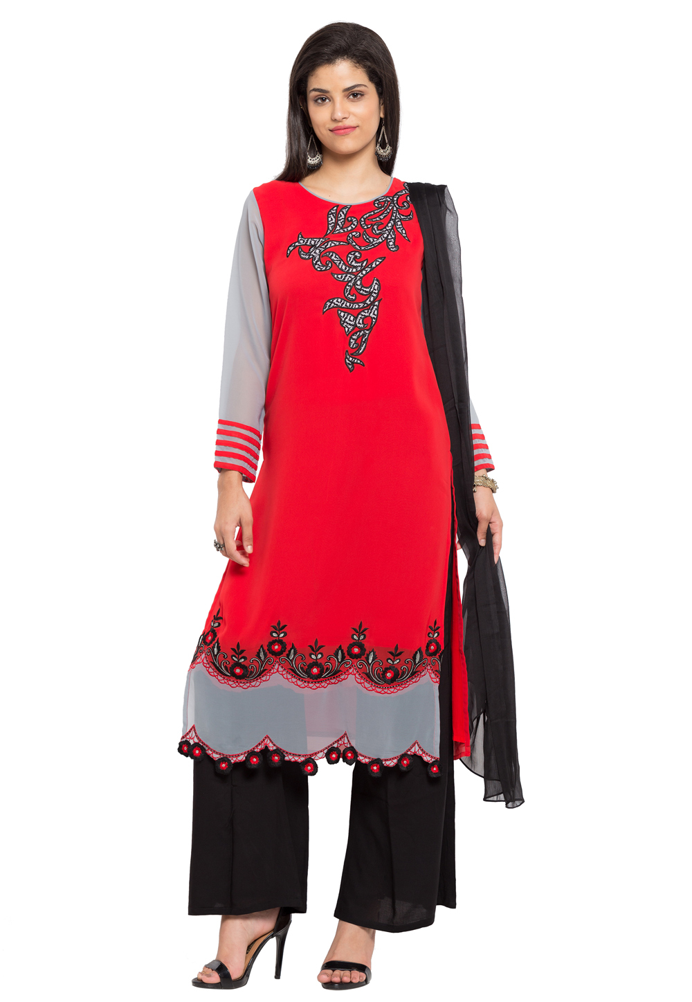 Red Faux Georgette Readymade Palazzo Suit 230355