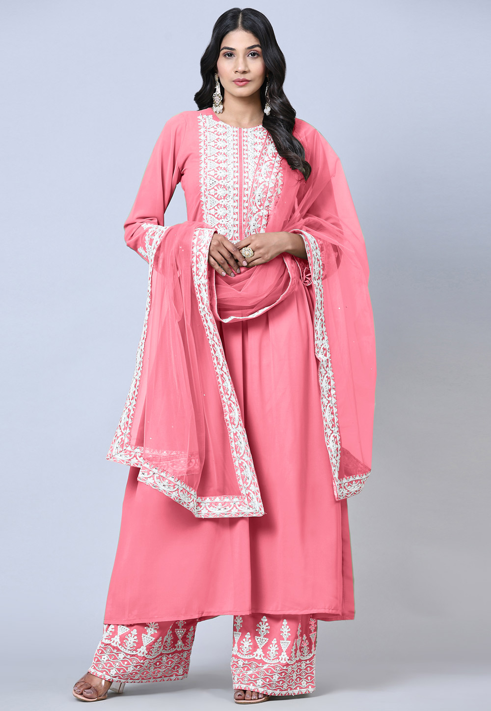 Pink Faux Georgette Palazzo Suit 259938