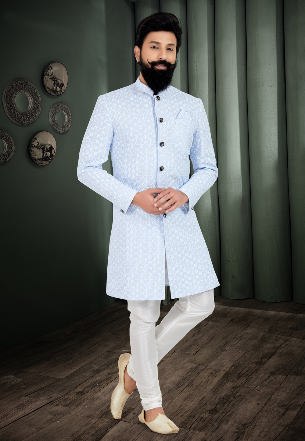Sky Blue Cotton Silk Indo Western Suit 271606