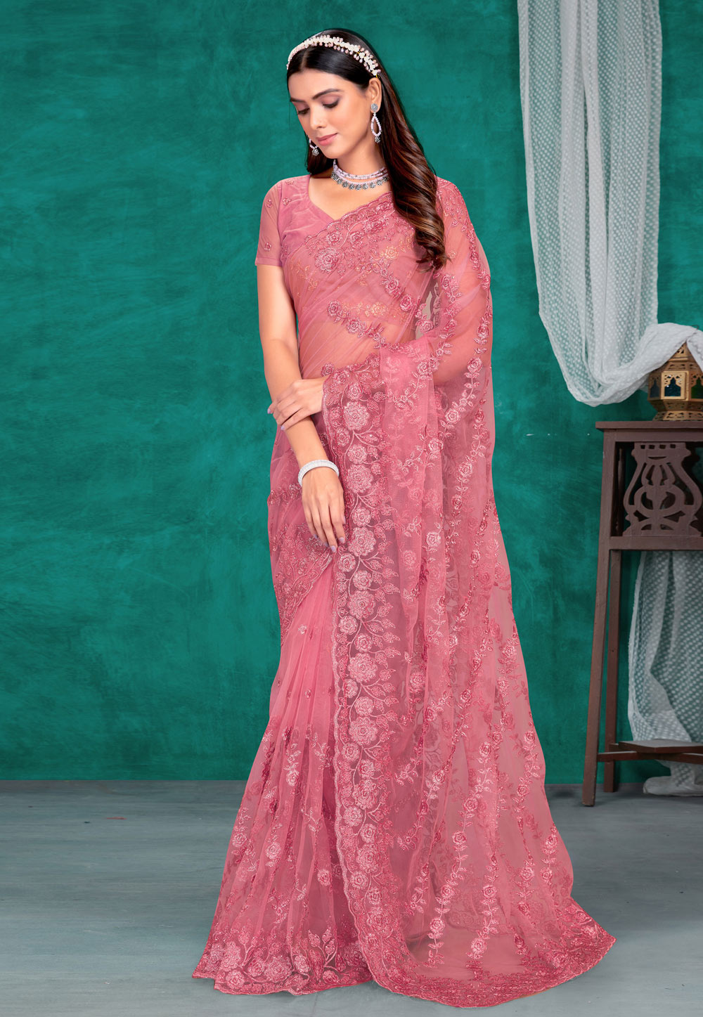 Pink Net Saree With Blouse 255940