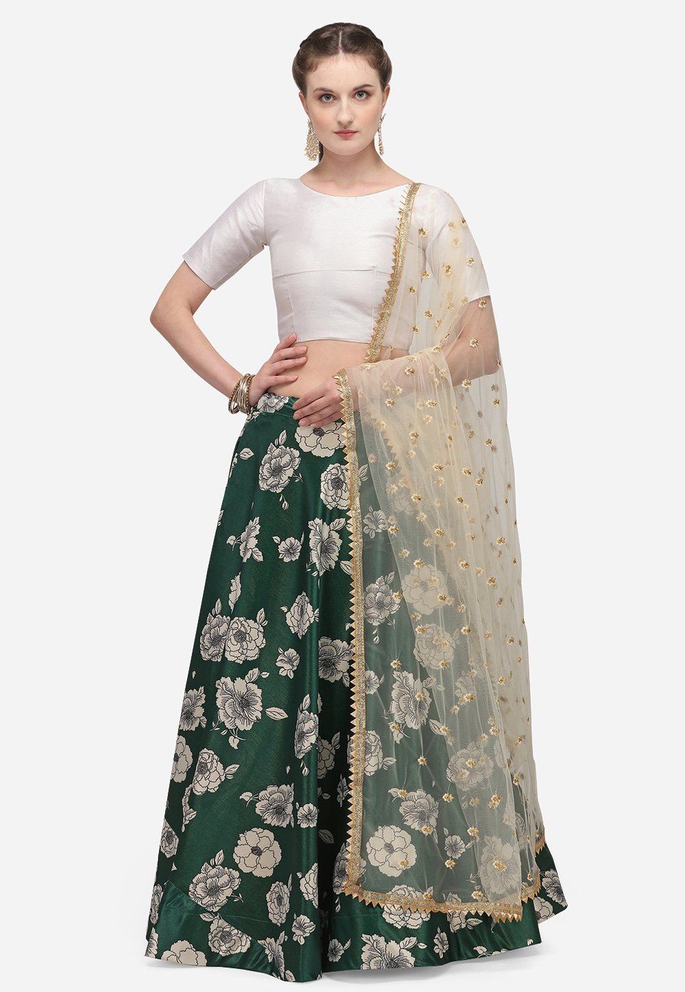 Green Satin Silk Floral Lehenga Choli 224578