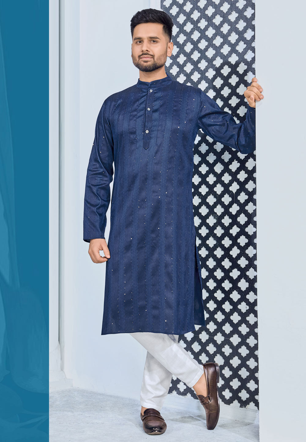 Navy Blue Jacquard Silk Kurta Pajama 259833