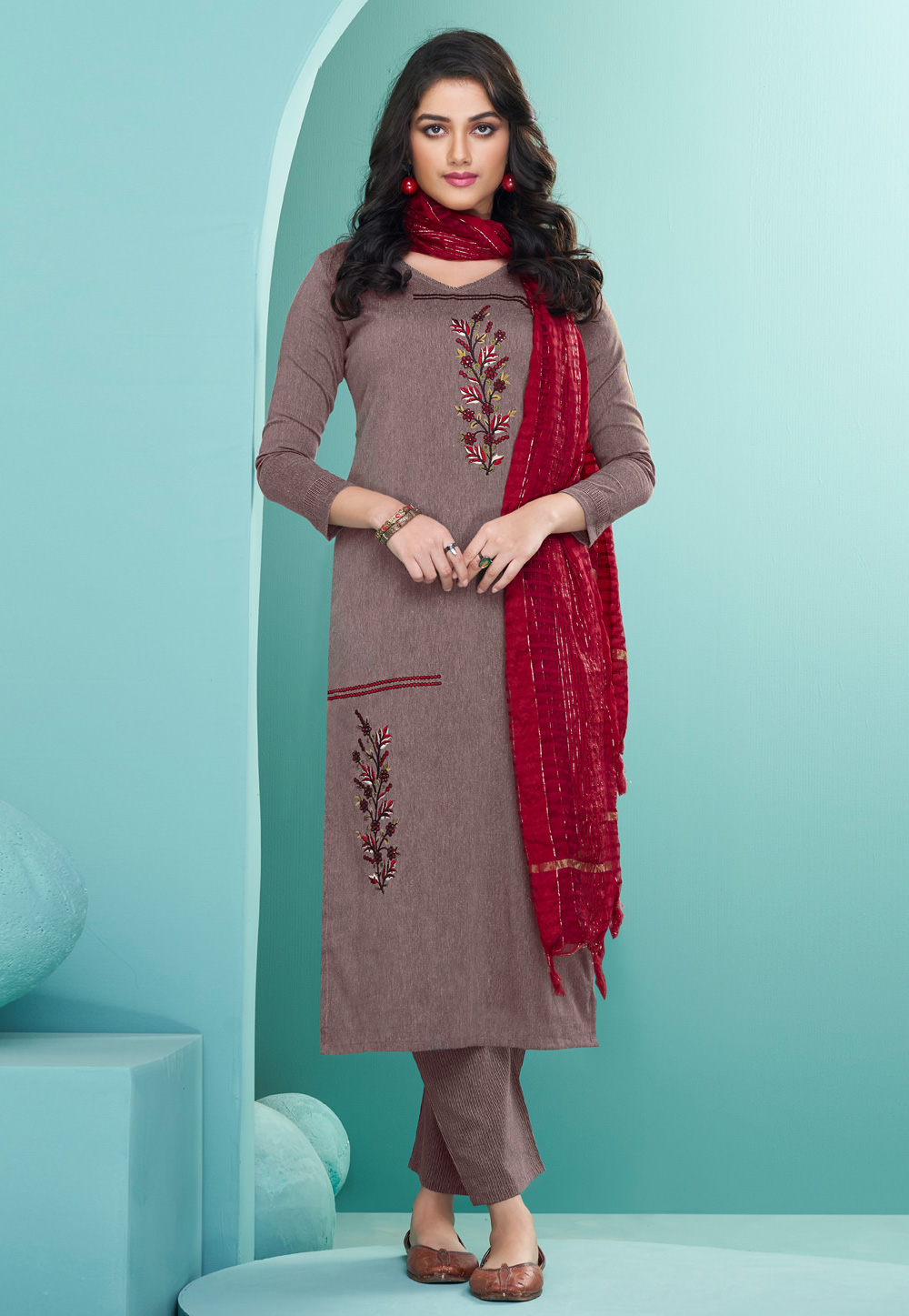 Brown Cotton Readymade Pant Style Suit 246071