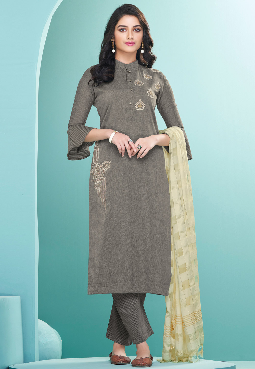 Grey Cotton Readymade Pant Style Suit 246073