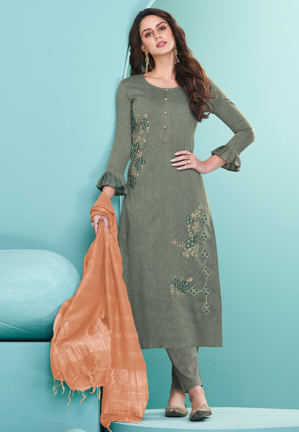 Grey Cotton Readymade Pant Style Suit 246075