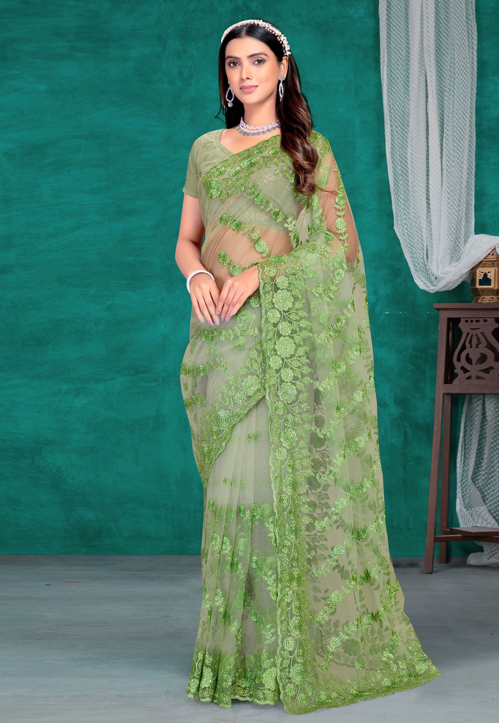 Light Green Net Saree With Blouse 255941