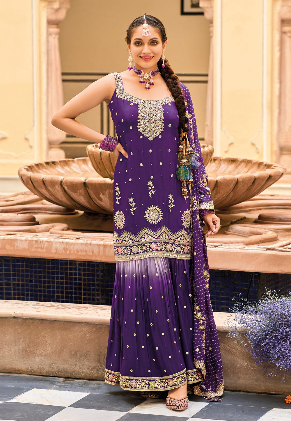 Purple Chinon Gharara Suit 276354