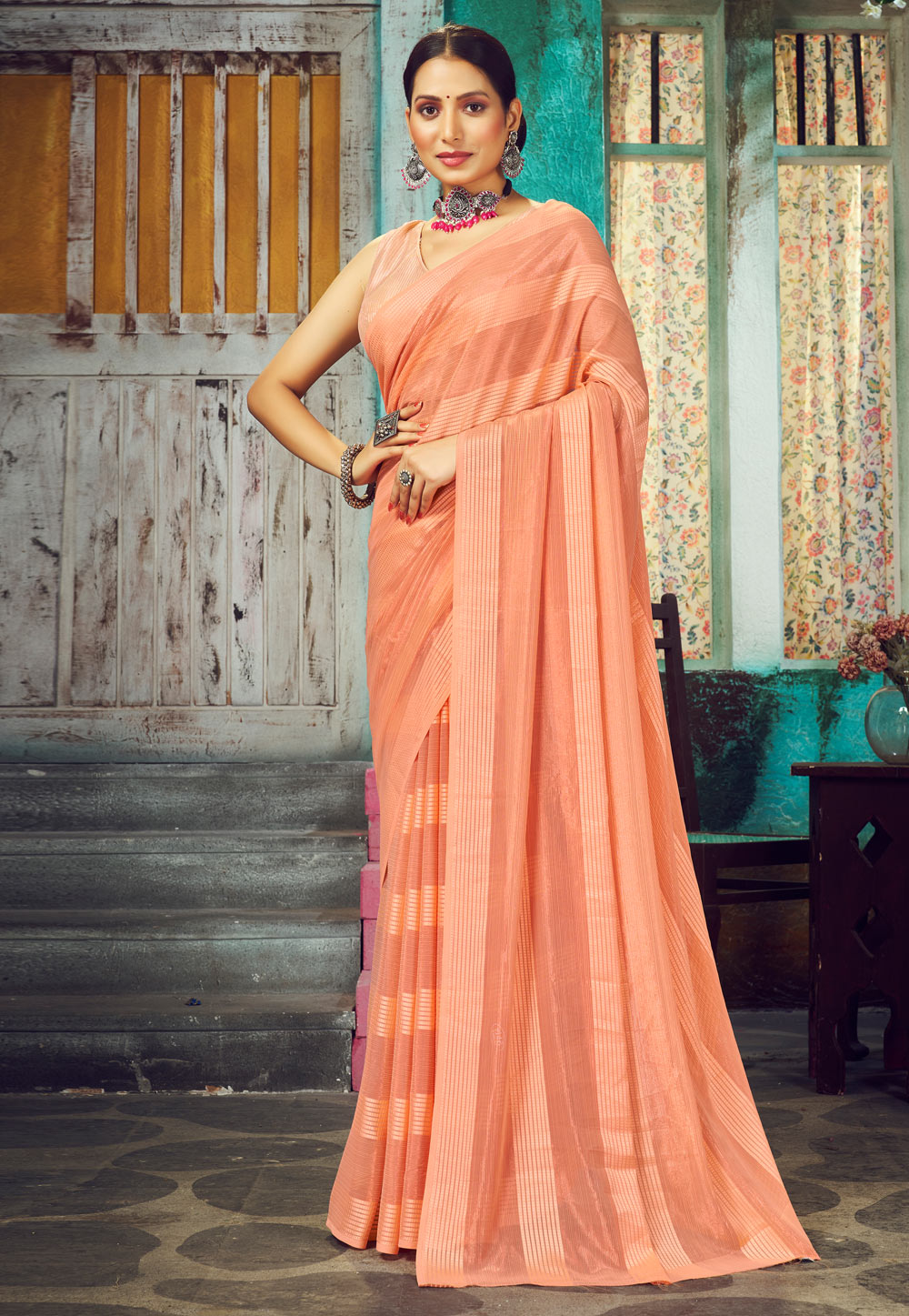 Peach Georgette Saree With Blouse 267195
