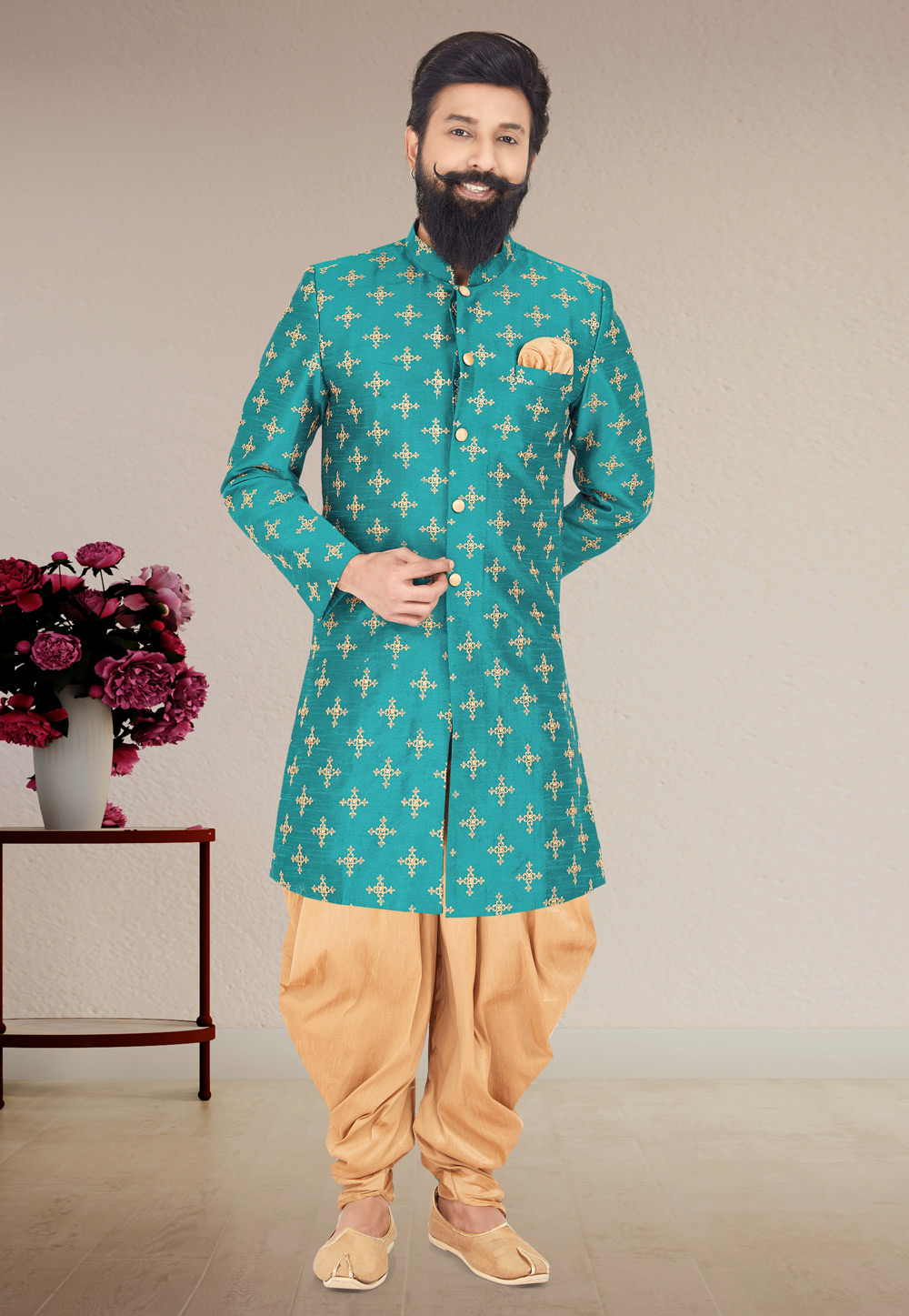 Teal Dupion Silk Indo Western Suit 271609