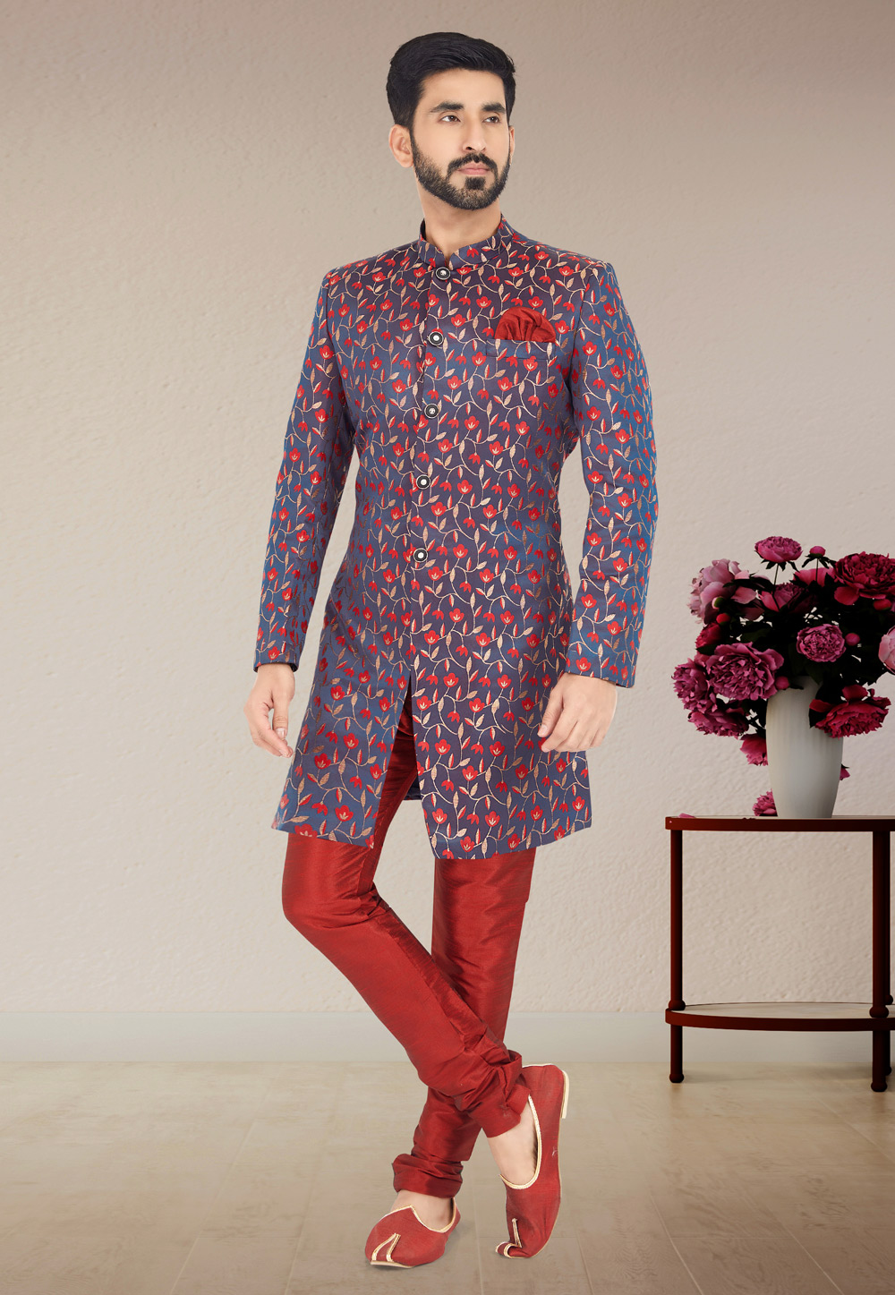 Blue Jacquard Silk Indo Western Suit 271610