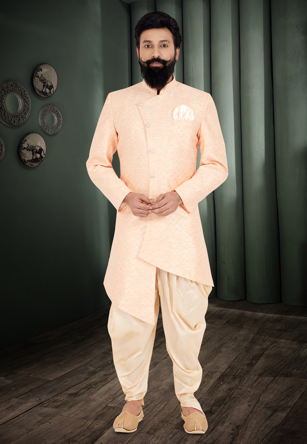 Peach Cotton Silk Indo Western Suit 271611