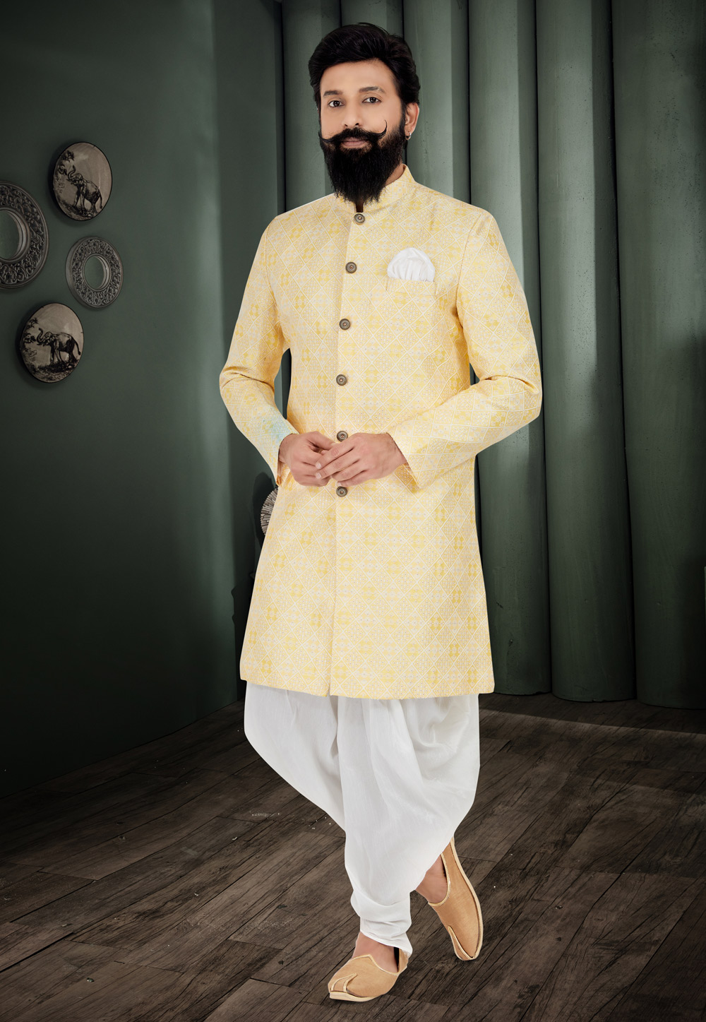 Yellow Jacquard Indo Western Suit 271613
