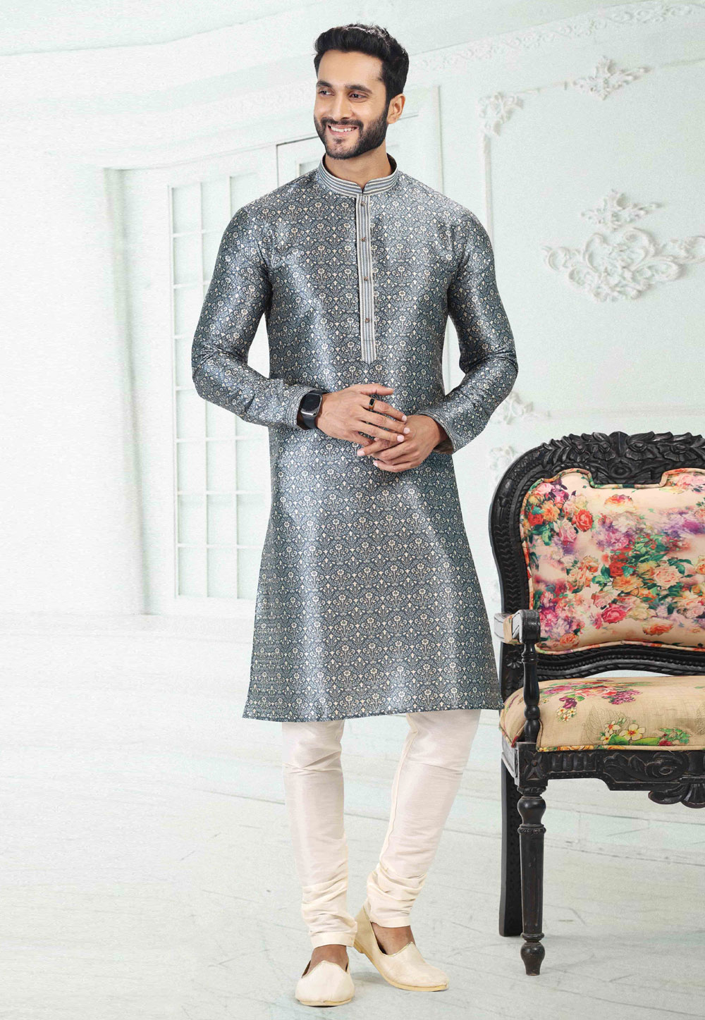 Grey Banarasi Silk Readymade Kurta Pajama 260366