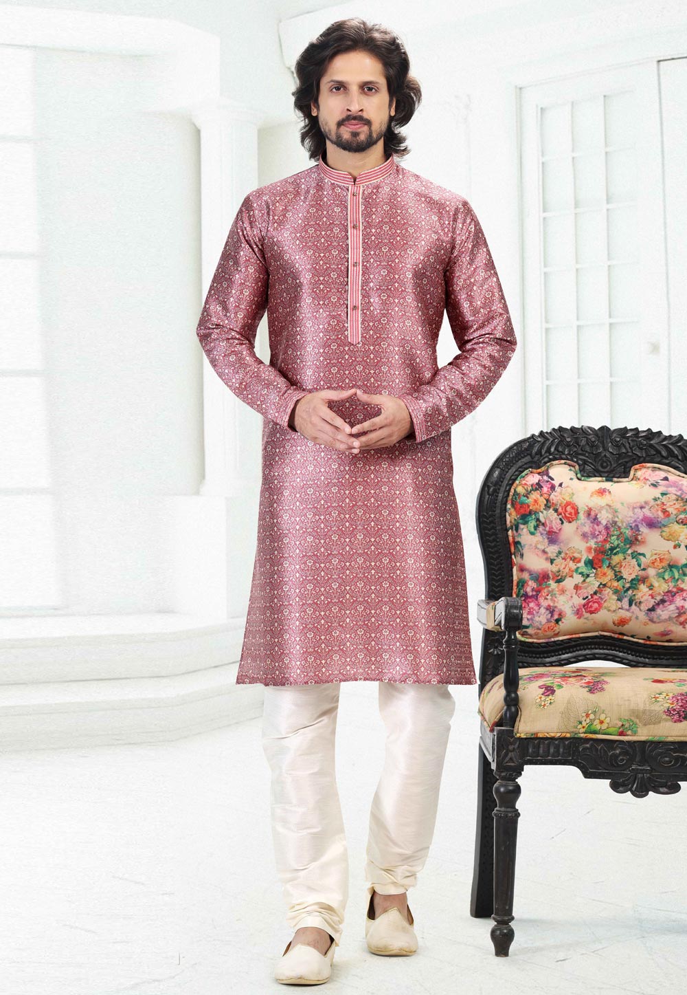 Pink Banarasi Silk Readymade Kurta Pajama 260367