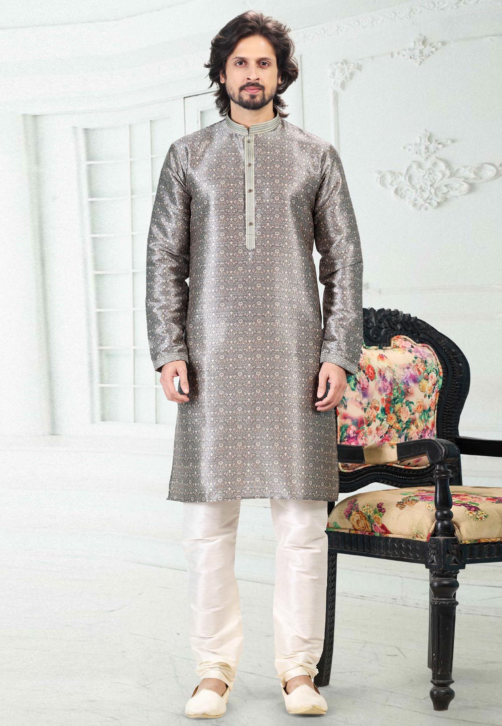 Grey Banarasi Silk Readymade Kurta Pajama 260368