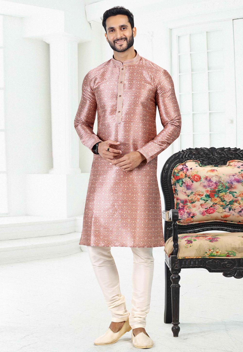 Peach Banarasi Silk Readymade Kurta Pajama 260369