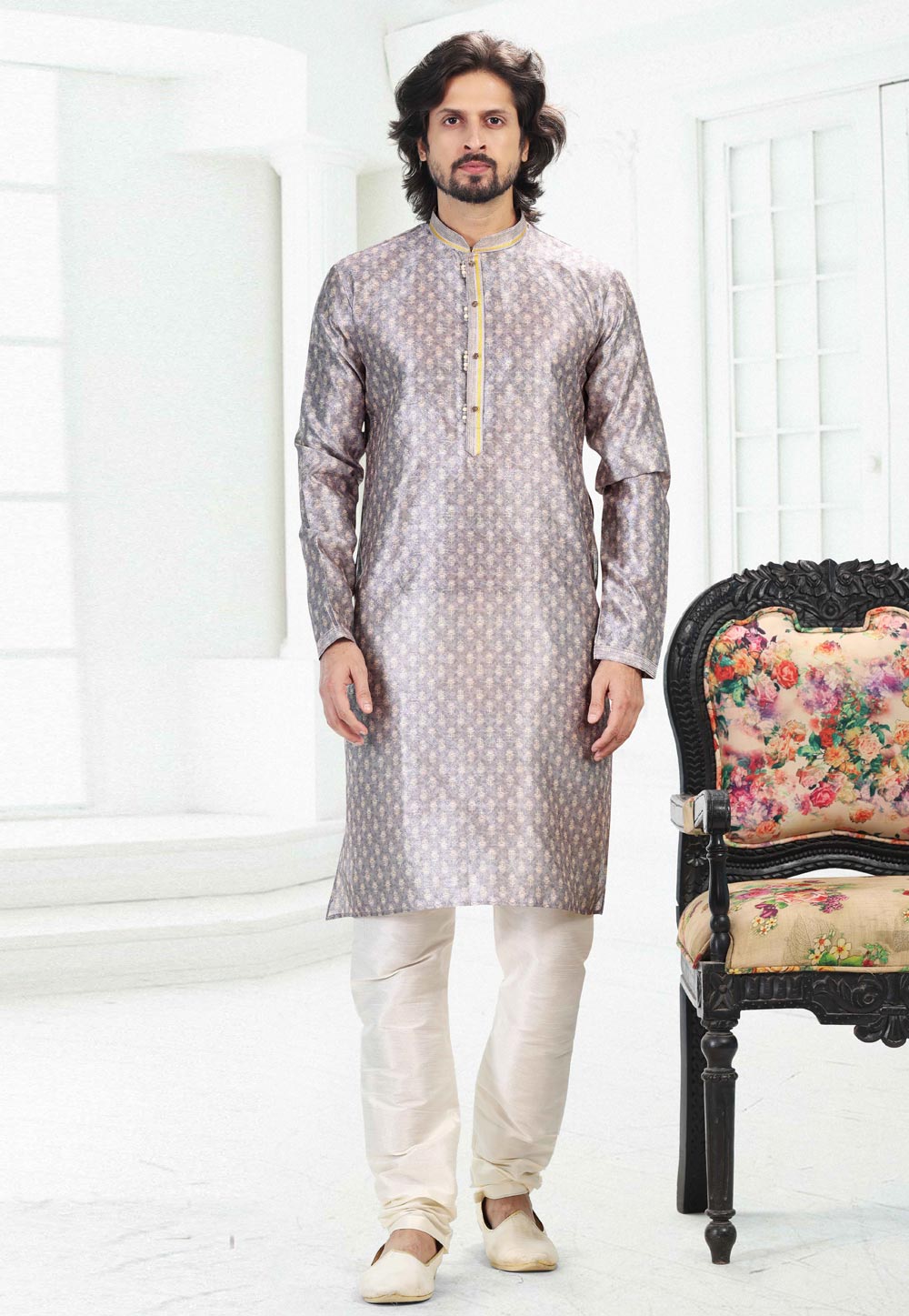 Grey Banarasi Silk Readymade Kurta Pajama 260371