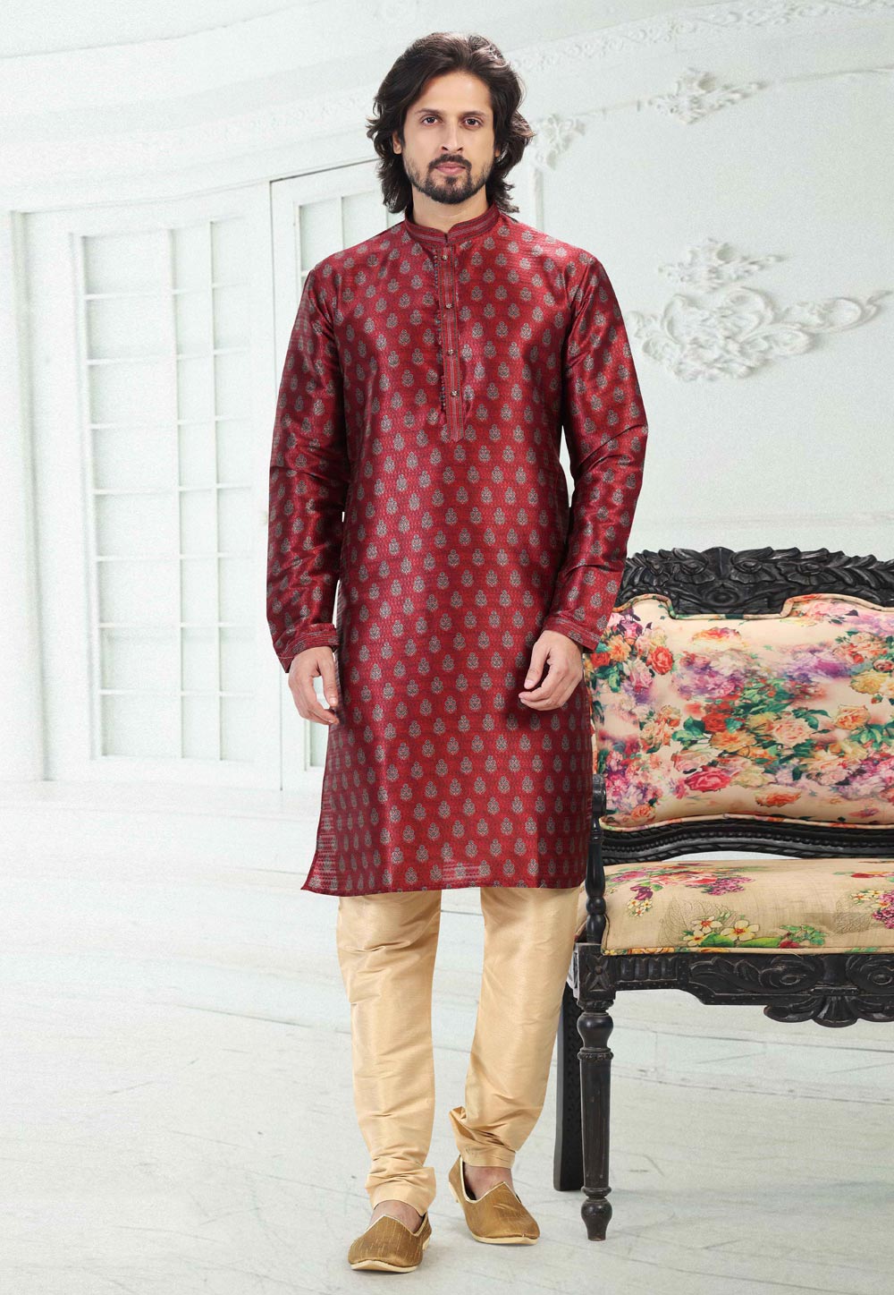 Maroon Banarasi Silk Readymade Kurta Pajama 260372