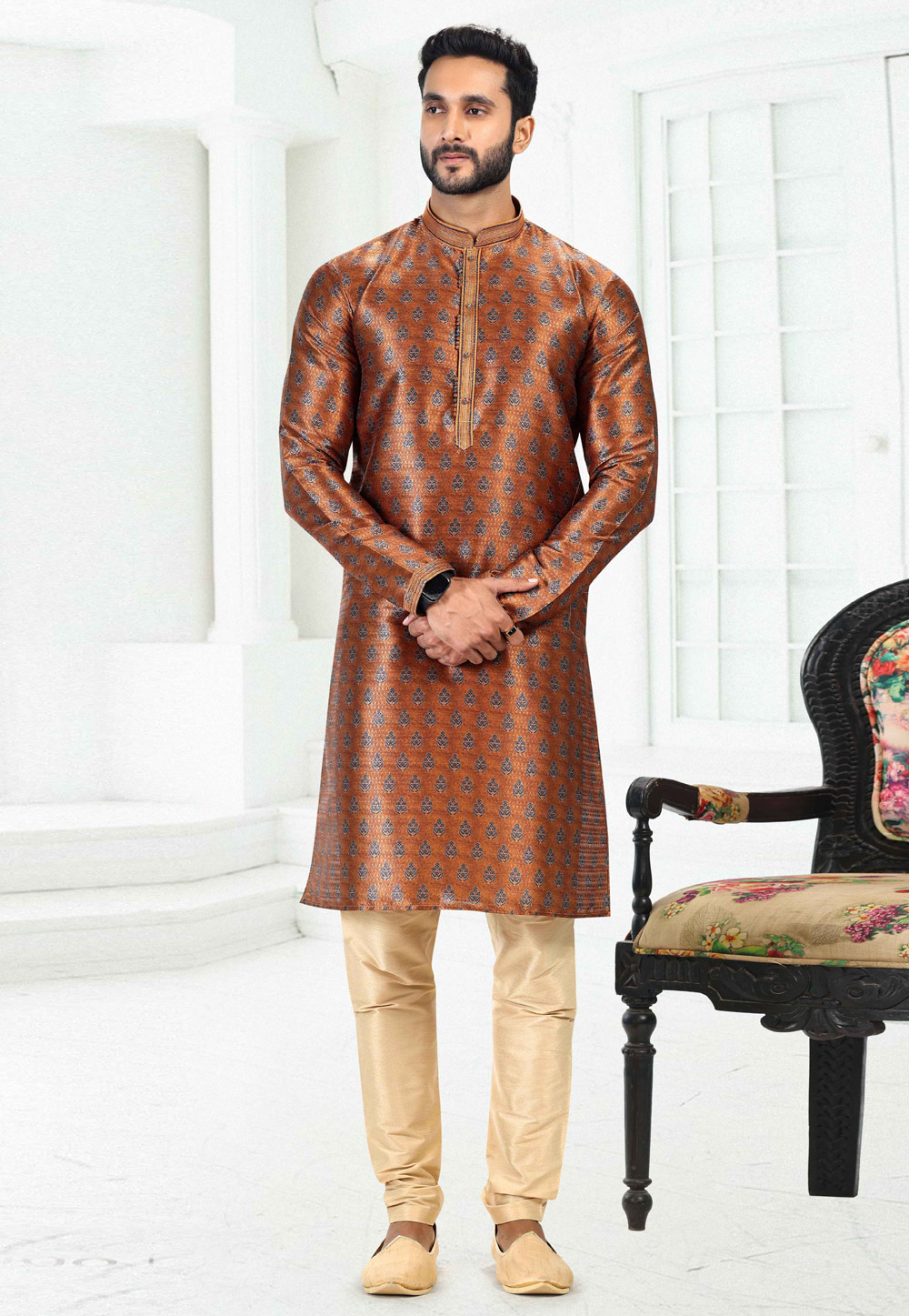 Rust Banarasi Silk Readymade Kurta Pajama 260373
