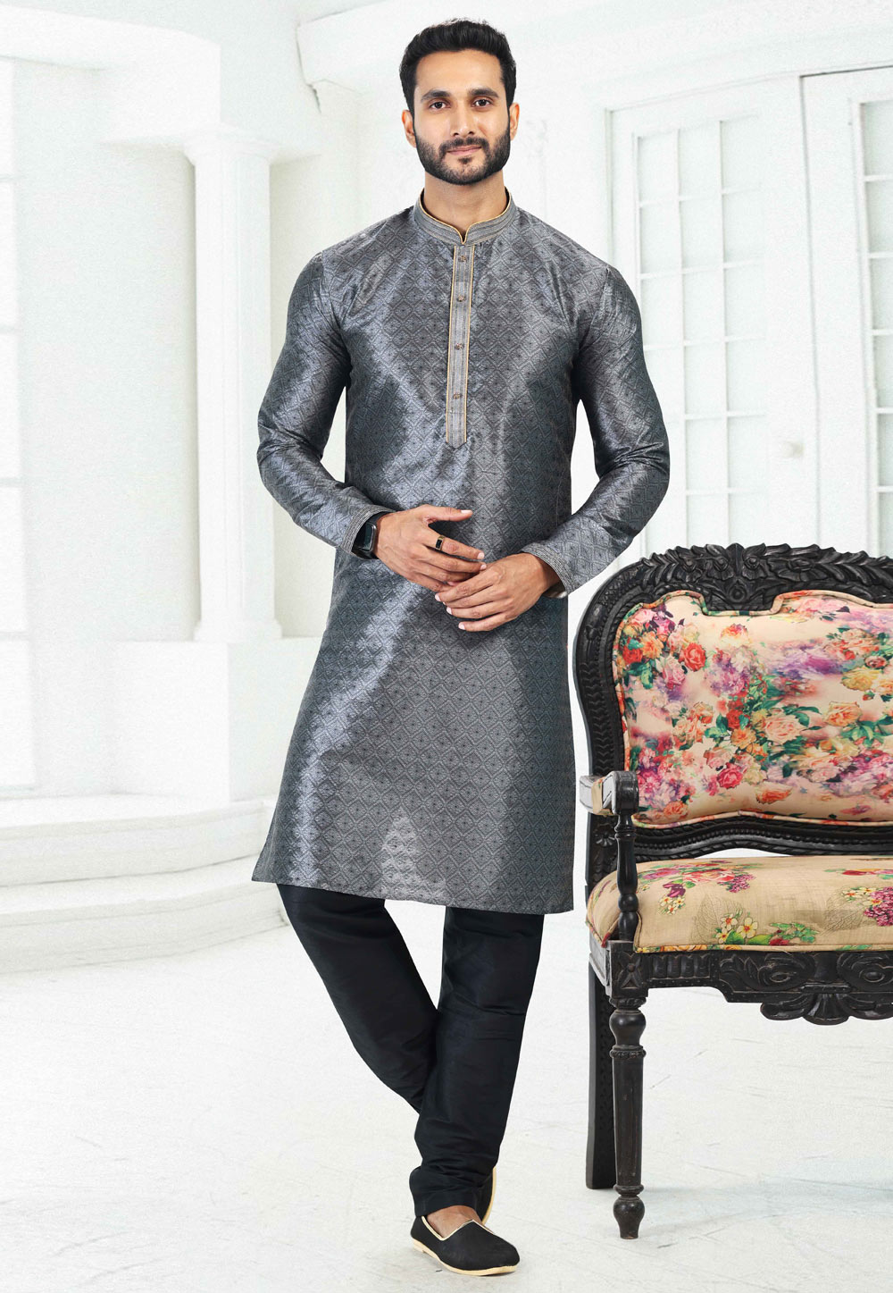 Grey Banarasi Silk Readymade Kurta Pajama 260375