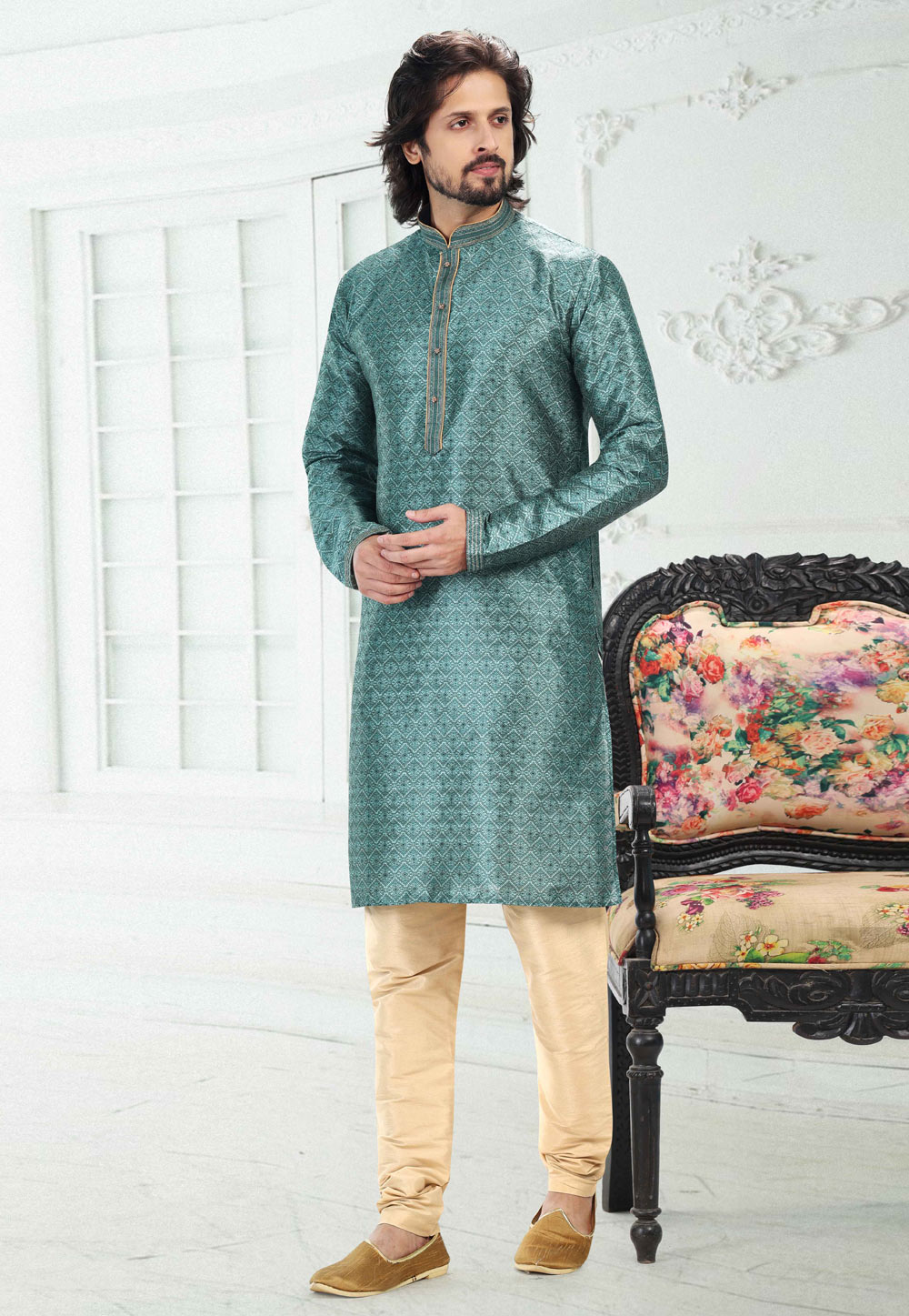Sea Green Banarasi Silk Readymade Kurta Pajama 260376