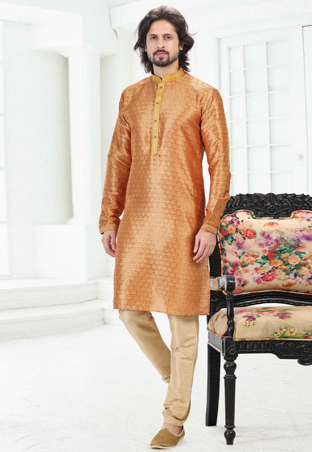 Orange Banarasi Silk Readymade Kurta Pajama 260377