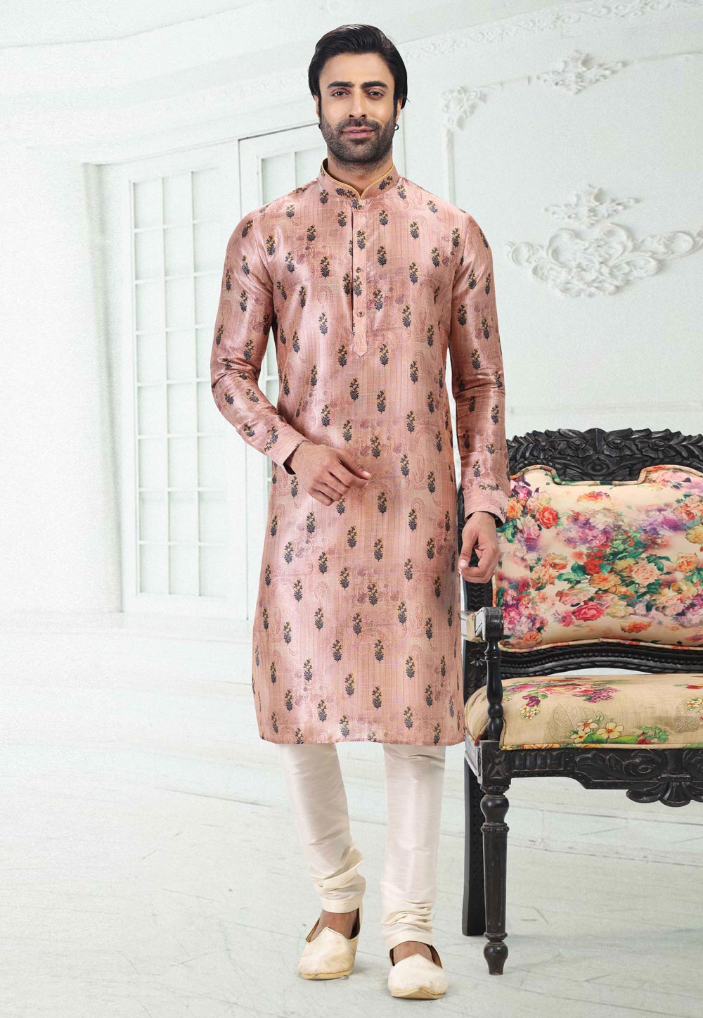 Peach Banarasi Silk Readymade Kurta Pajama 260378