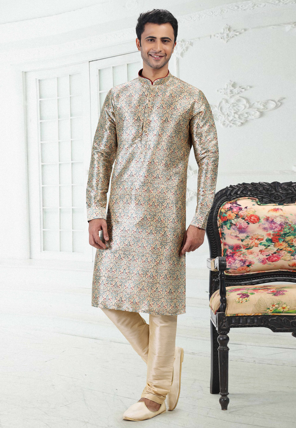 Beige Banarasi Silk Readymade Kurta Pajama 260380