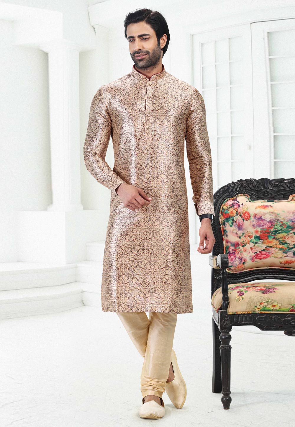 Beige Banarasi Silk Readymade Kurta Pajama 260381