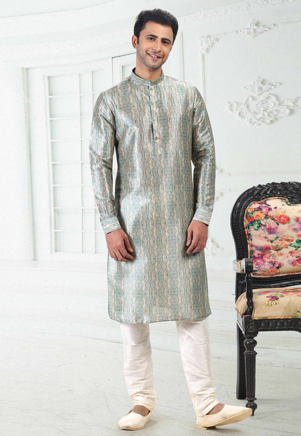 Sea Green Banarasi Silk Readymade Kurta Pajama 260382