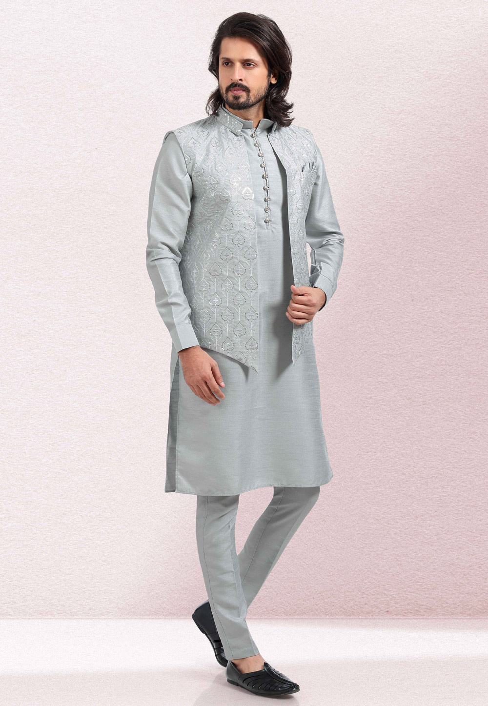 Grey Art Silk Kurta Pajama With Jacket 260145
