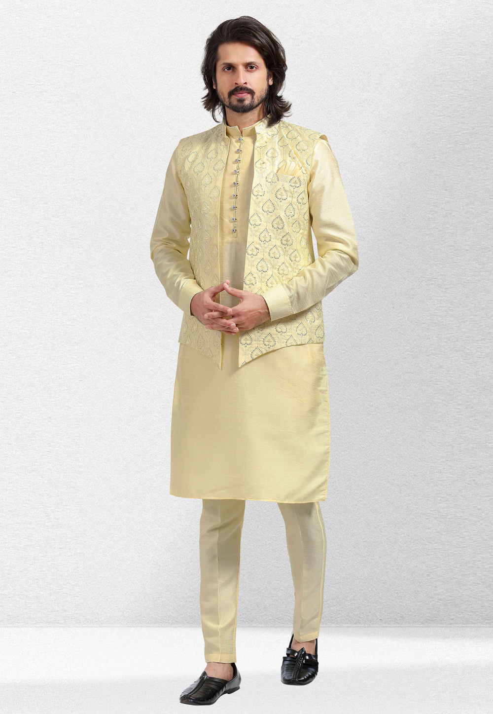 Yellow Art Silk Kurta Pajama With Jacket 260146